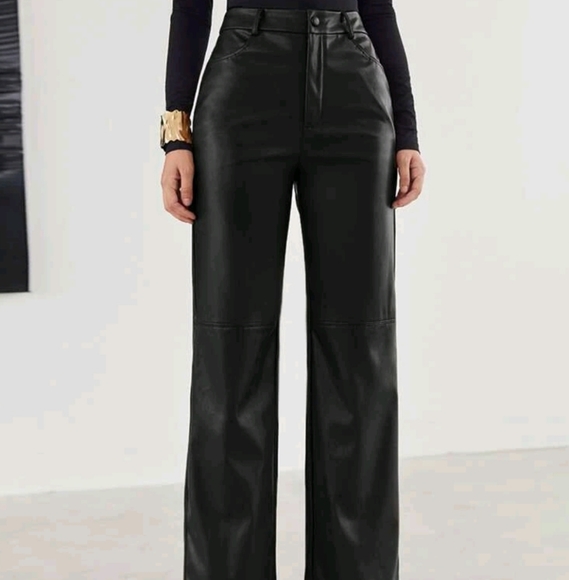 BLACK PU LEATHER PALAZZO PANTS - Picture 4 of 8